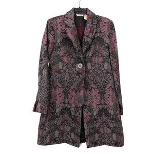 Brocade Long Blazer Jacket 10 Floral Textured Black Pink Gray Collared Button